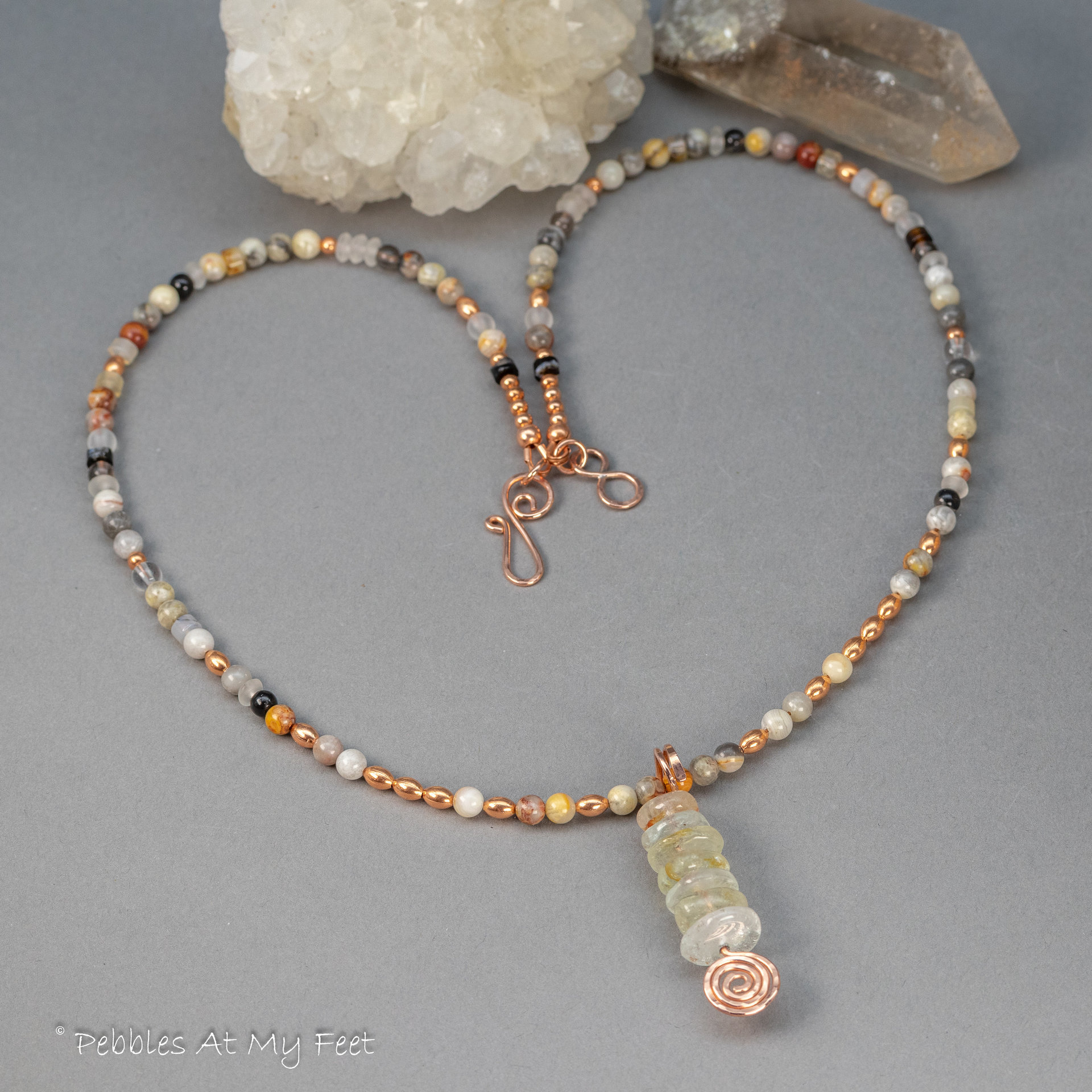 Topaz Pendant on Beaded Necklace with Agate, Quartz, Obsidian, and Copper