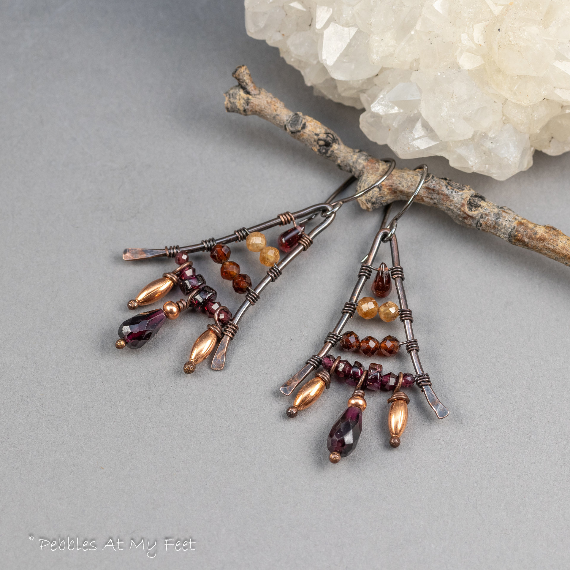 Red and Orange Garnet Boho Fan Earrings