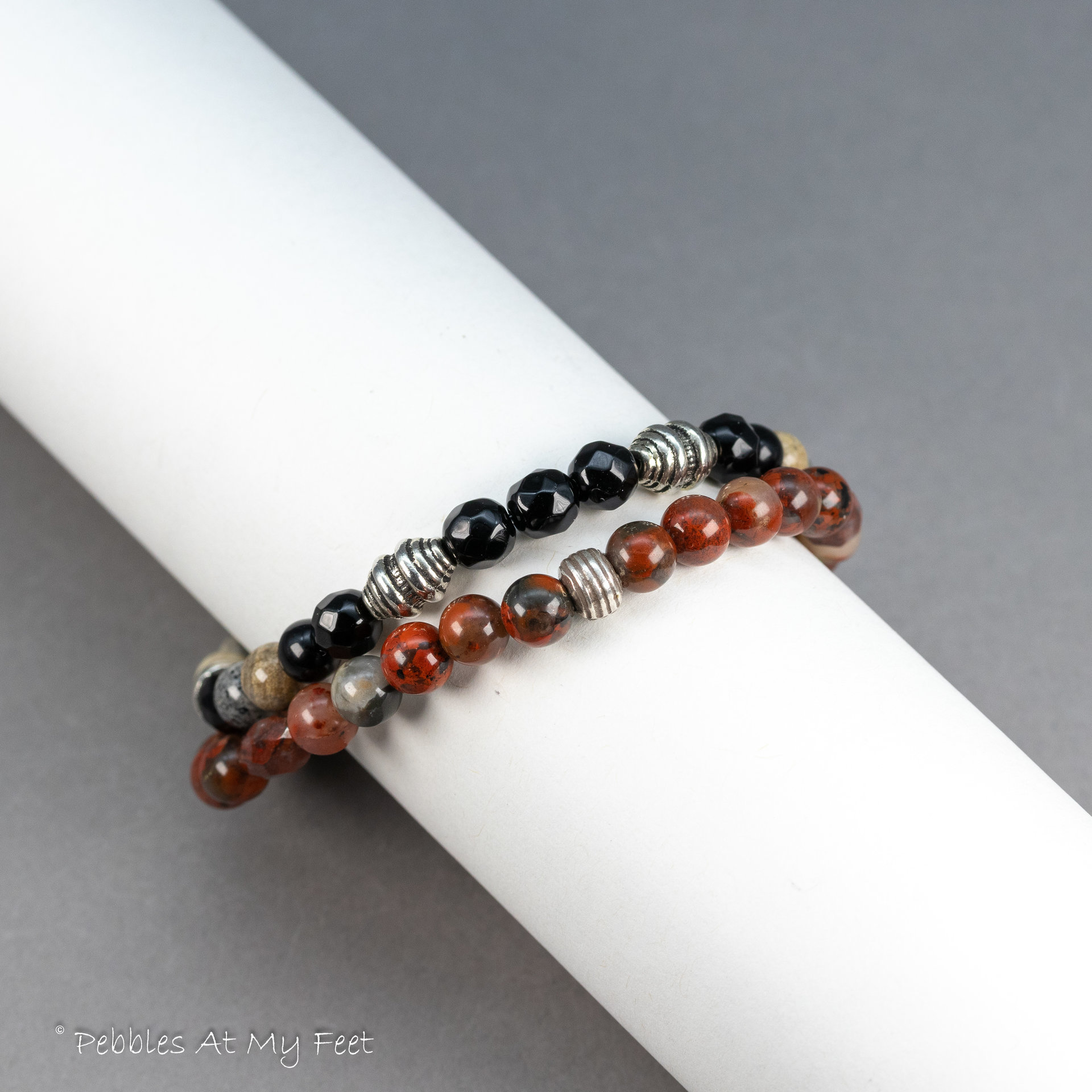 Black and Red Natural Stone and African Glass Bead Bracelet Stack