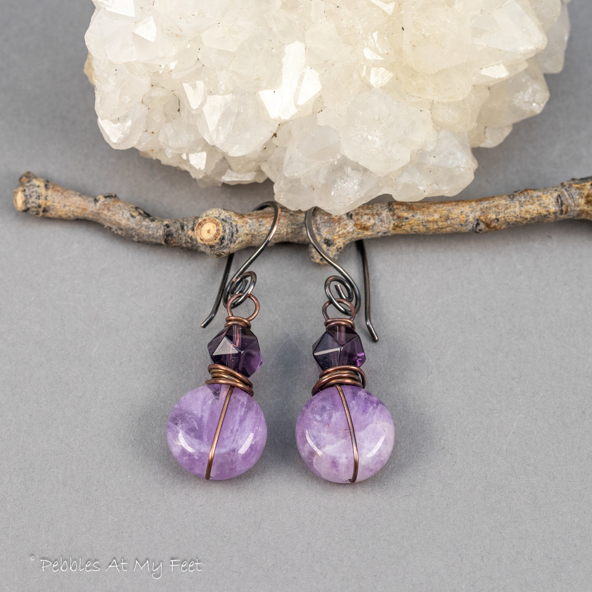 Copper Wire Wrapped Two-Tone Amethyst Earrings 