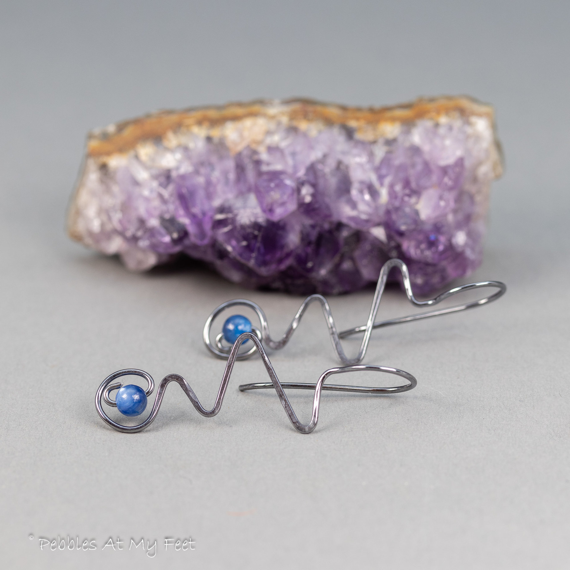 Kyanite Earrings with Textured Wires Sterling Silver Kyanite Earrings with Textured Wires Sterling Silver
