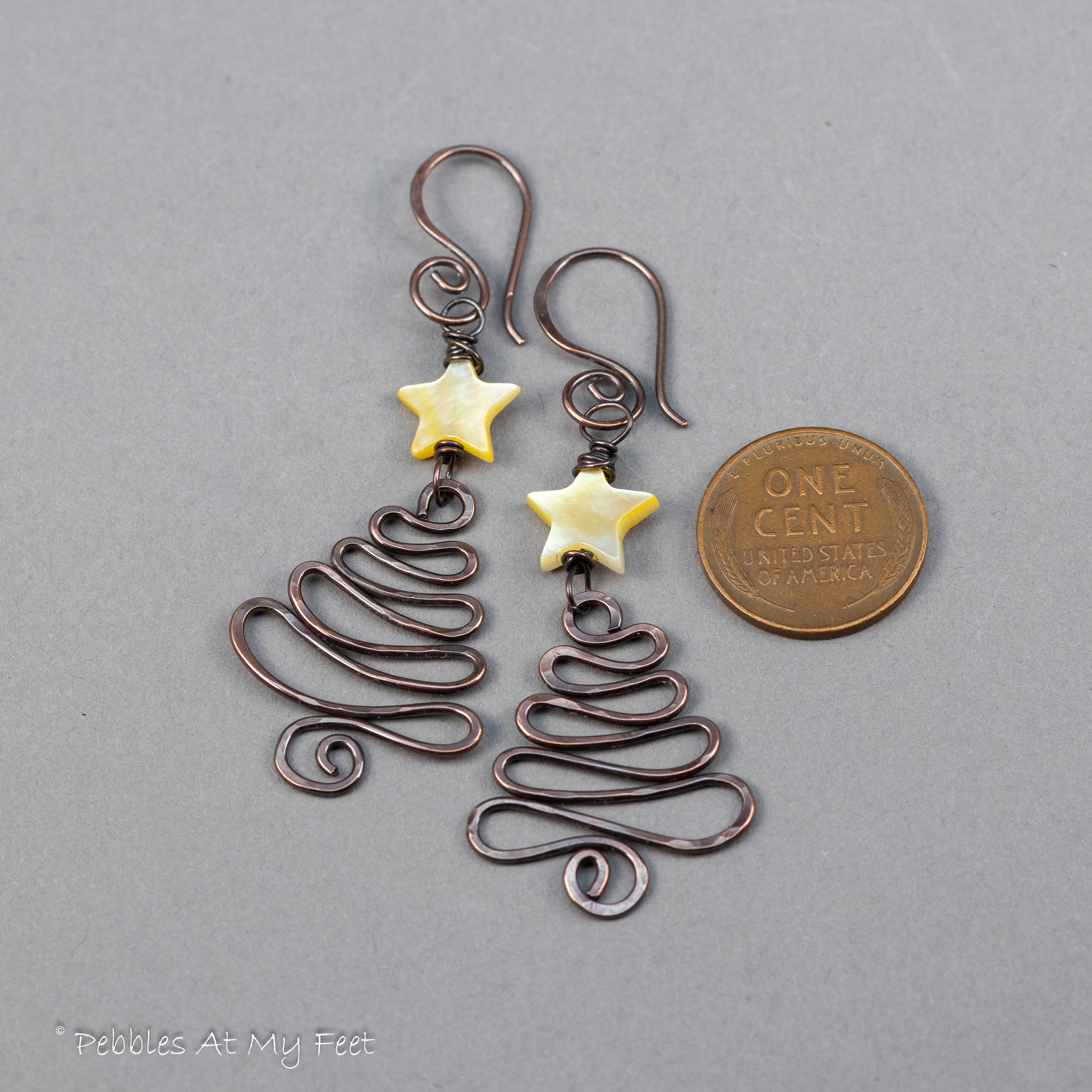 Copper Wire Work Christmas Tree Earrings with Mother of Pearl Star