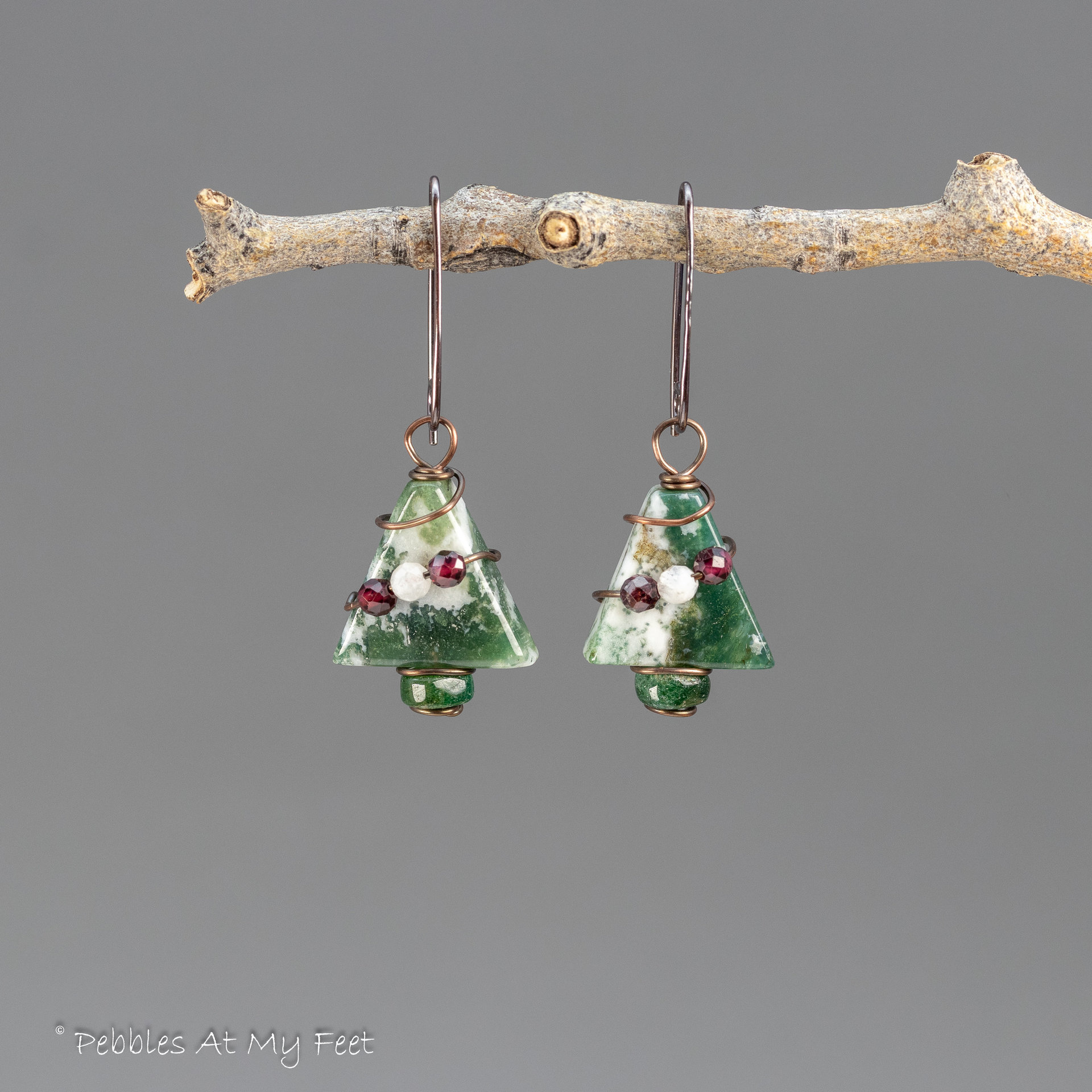 Copper Wire Wrapped Tree Agate Holiday Earrings