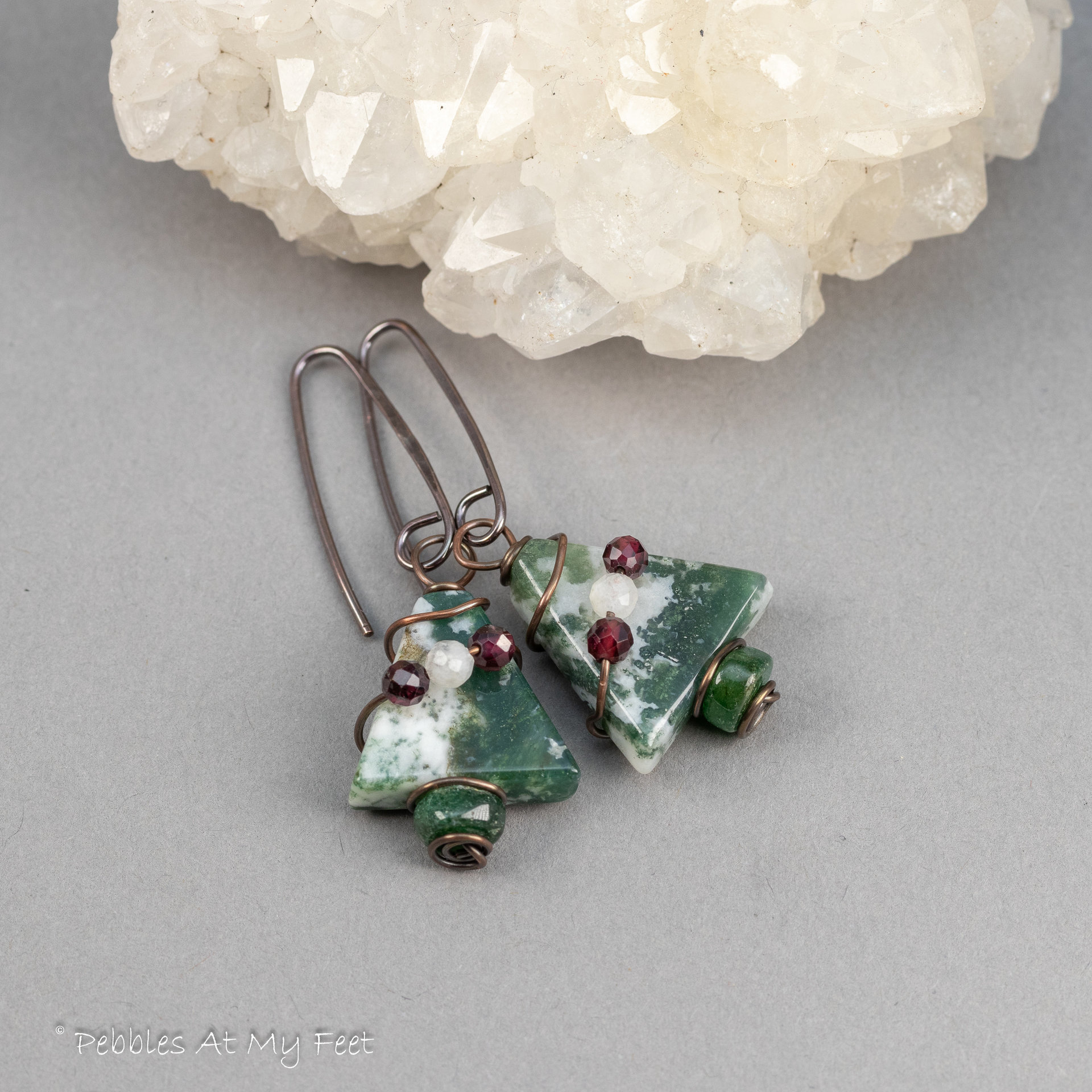 Copper Wire Wrapped Tree Agate Holiday Earrings
