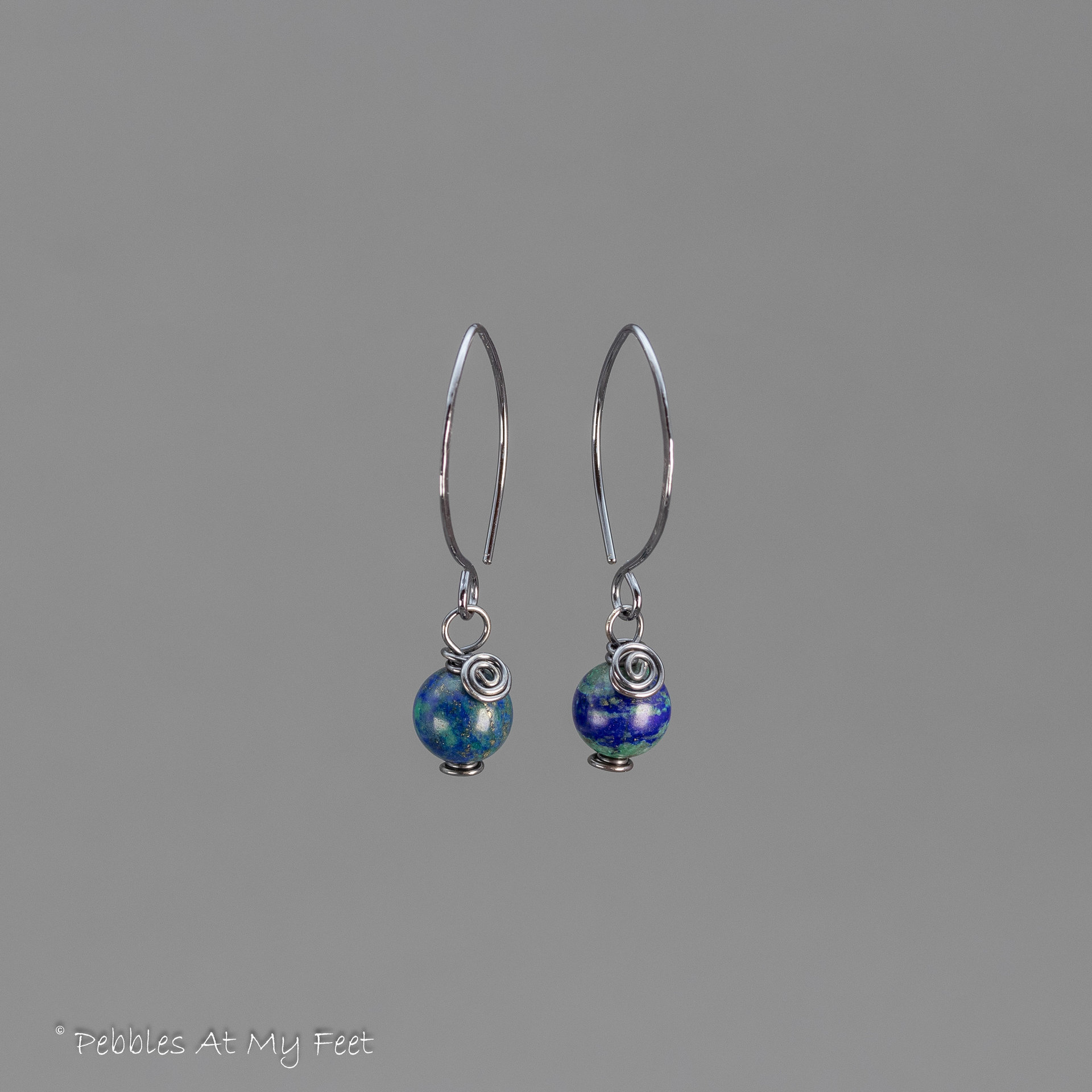 Azurite Malachite Simple Drop Earrings in Oxidized Sterling Silver