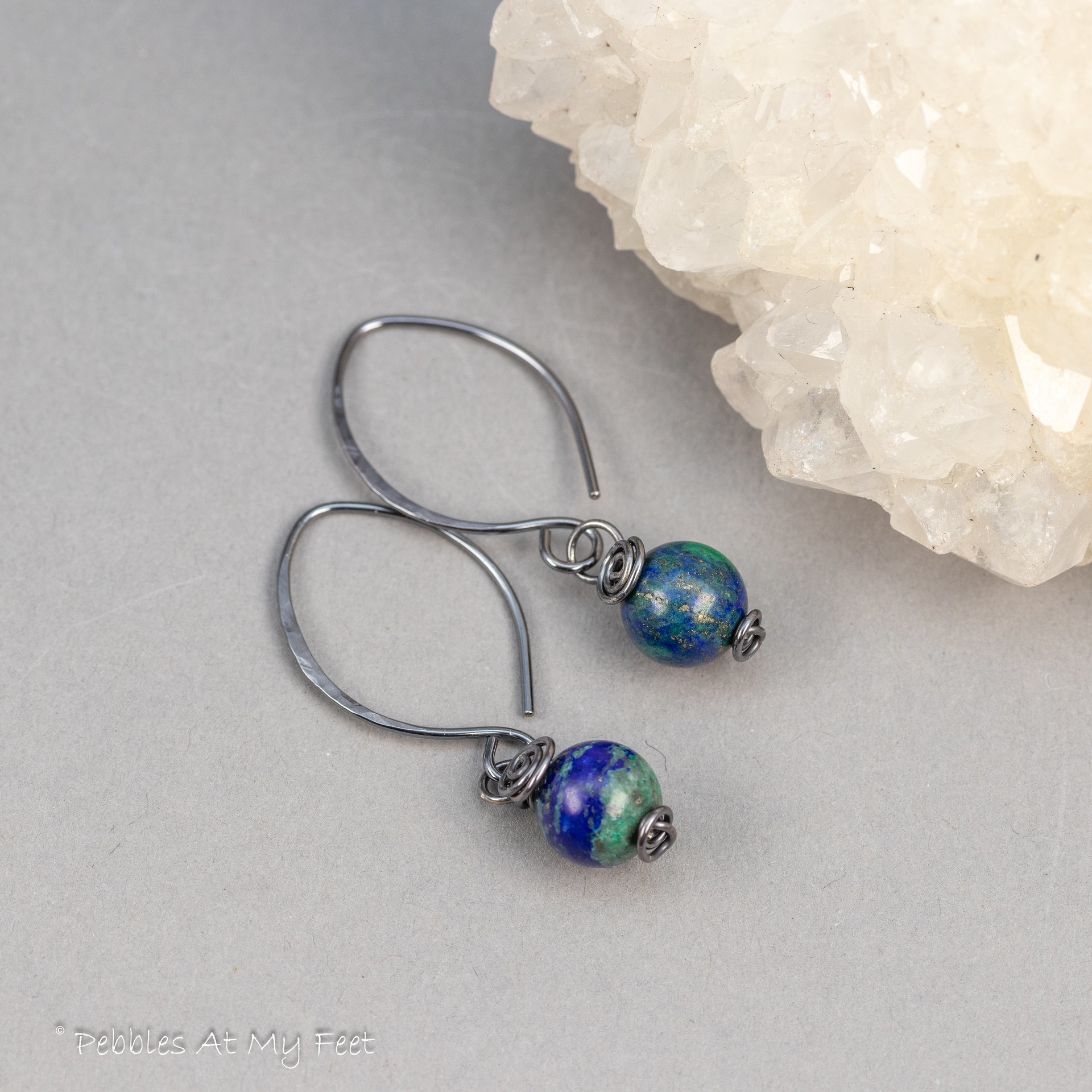 Azurite Malachite Simple Drop Earrings in Oxidized Sterling Silver