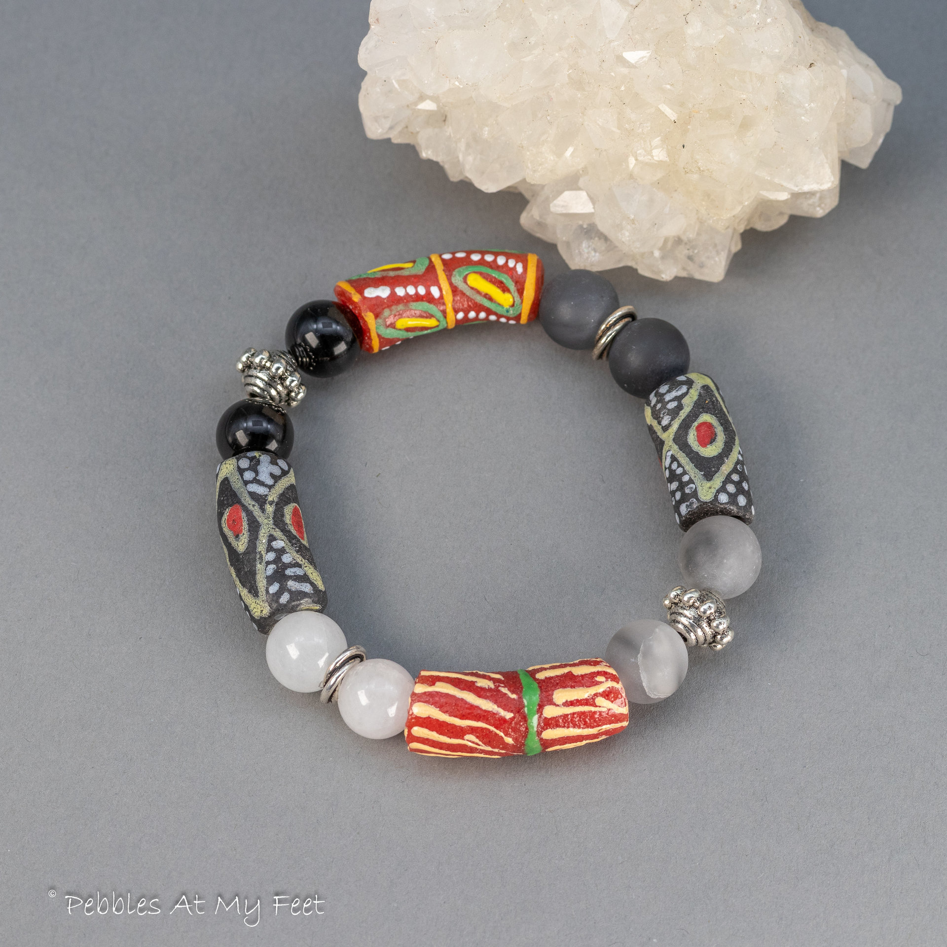 African Glass Bead Bracelet in Red, White, Gray, and Black