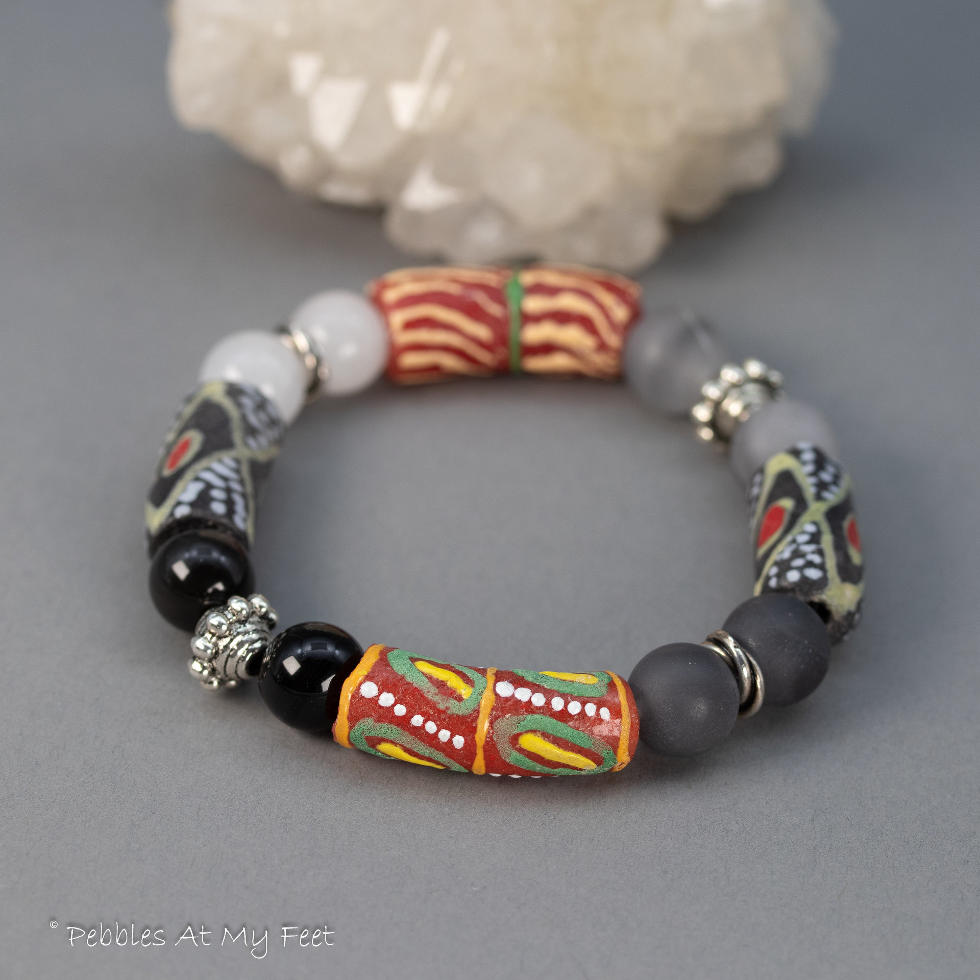 African Glass Bead Bracelet in Red, White, Gray, and Black