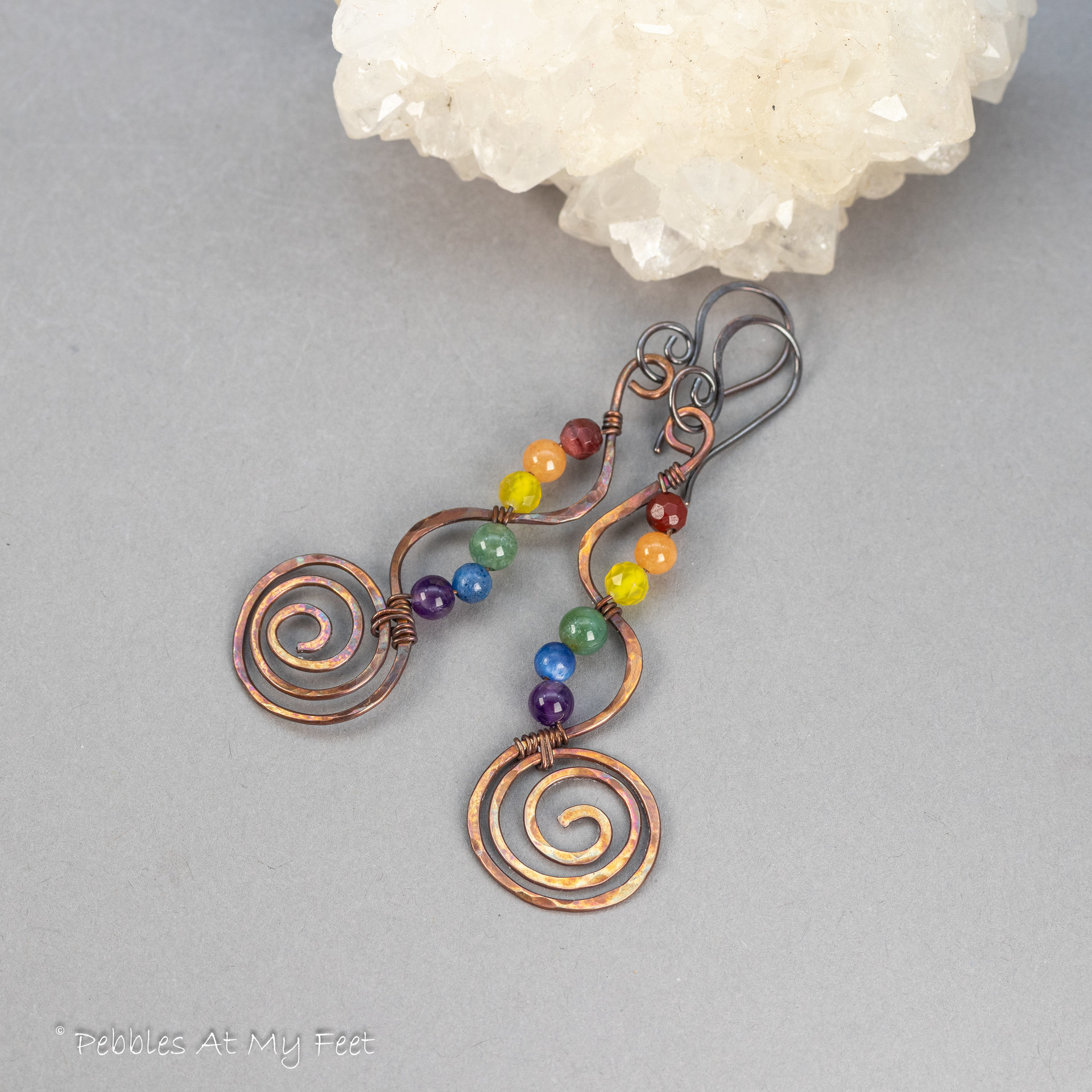 Copper Wire Work Earrings with Natural Stones in Rainbow Colors