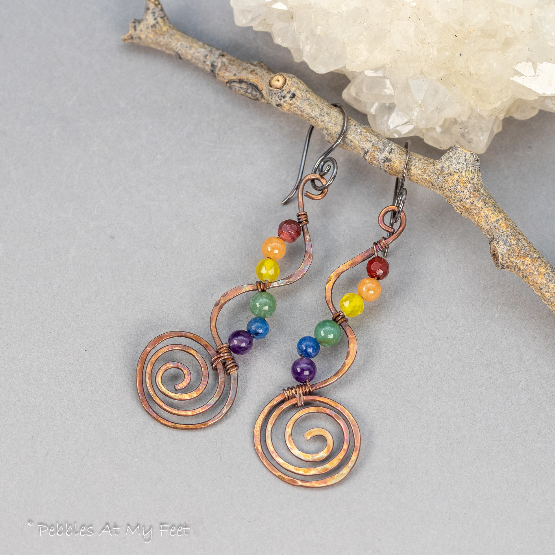 Copper Wire Work Earrings with Natural Stones in Rainbow Colors