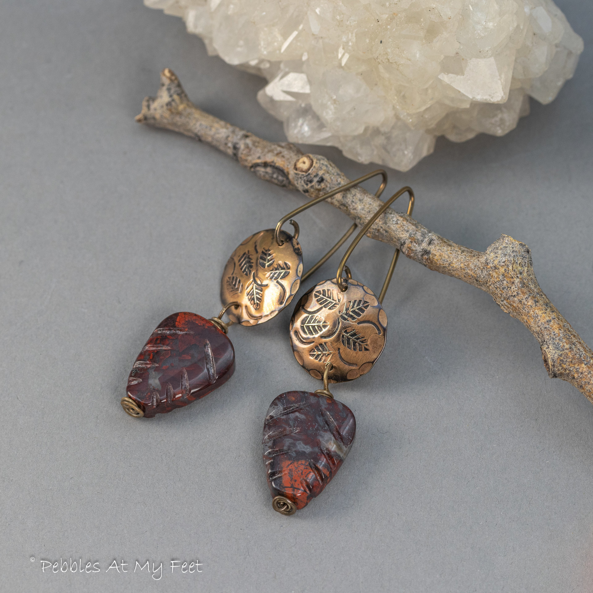 Dark Red Poppy Jasper Leaf Earrings with Handcrafted Brass Charms