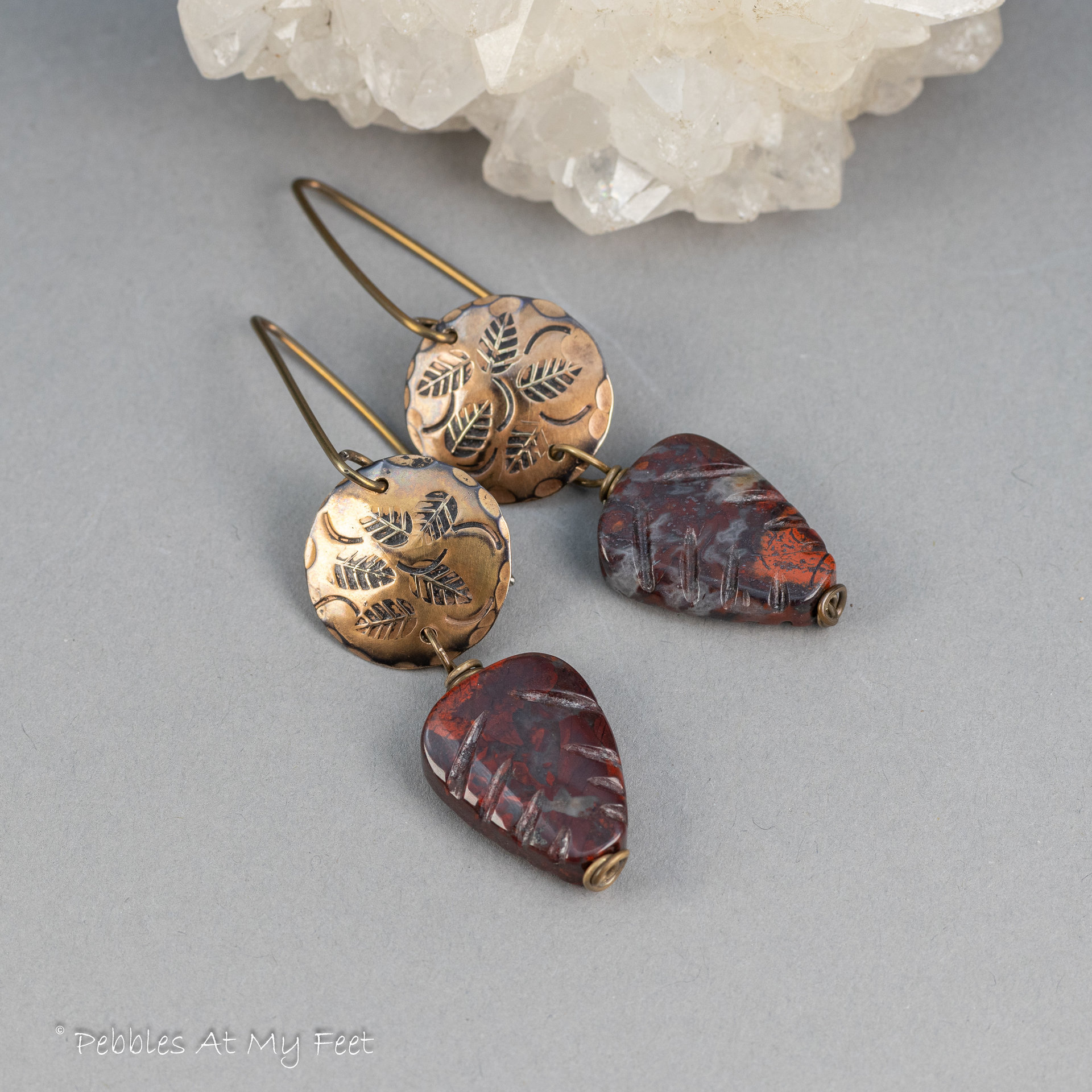 Dark Red Poppy Jasper Leaf Earrings with Handcrafted Brass Charms