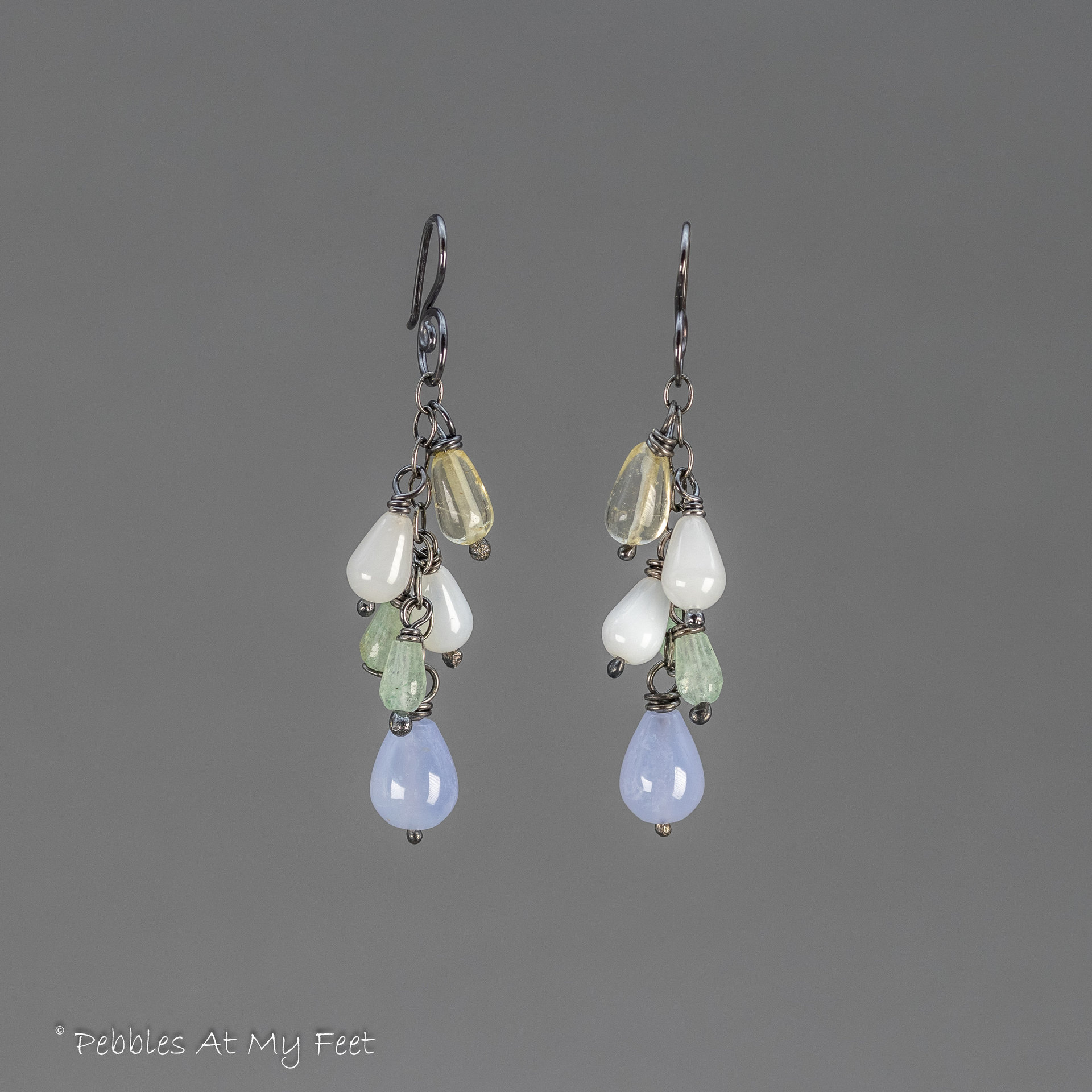 Gemstone Teardrop Cascade Earrings in Oxidized Sterling Silver