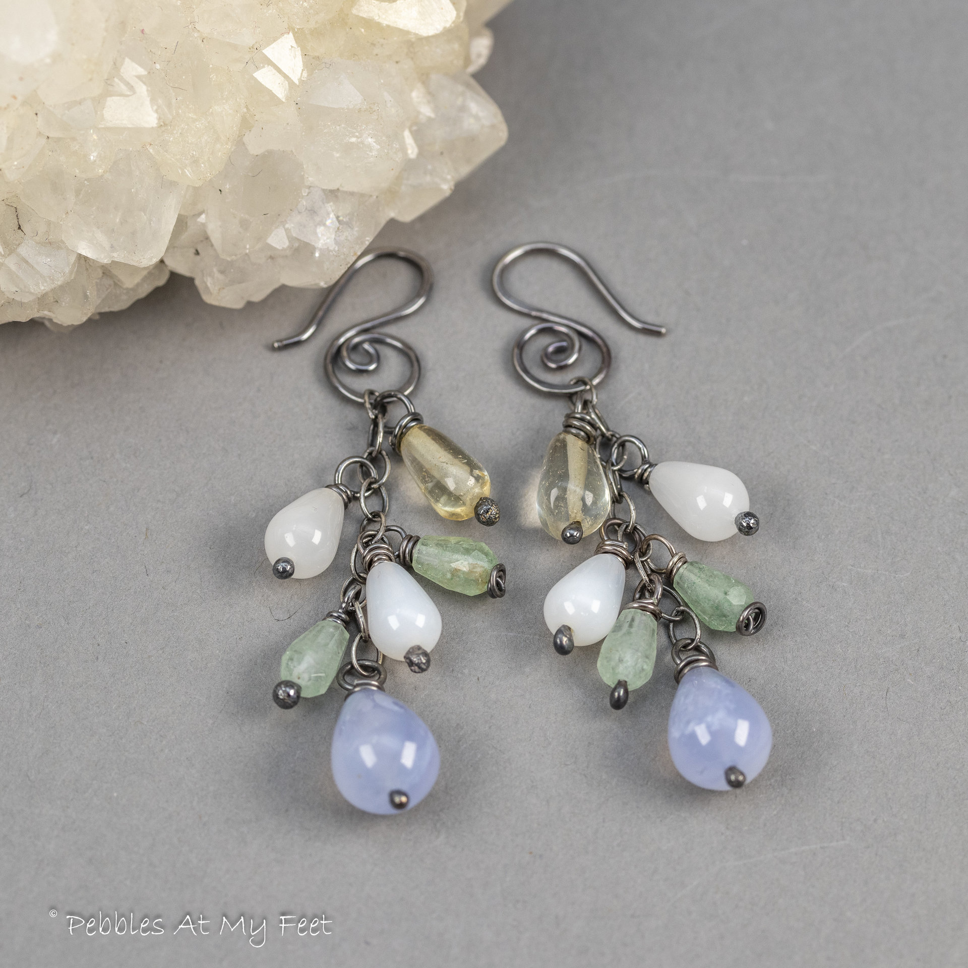 Gemstone Teardrop Cascade Earrings in Oxidized Sterling Silver