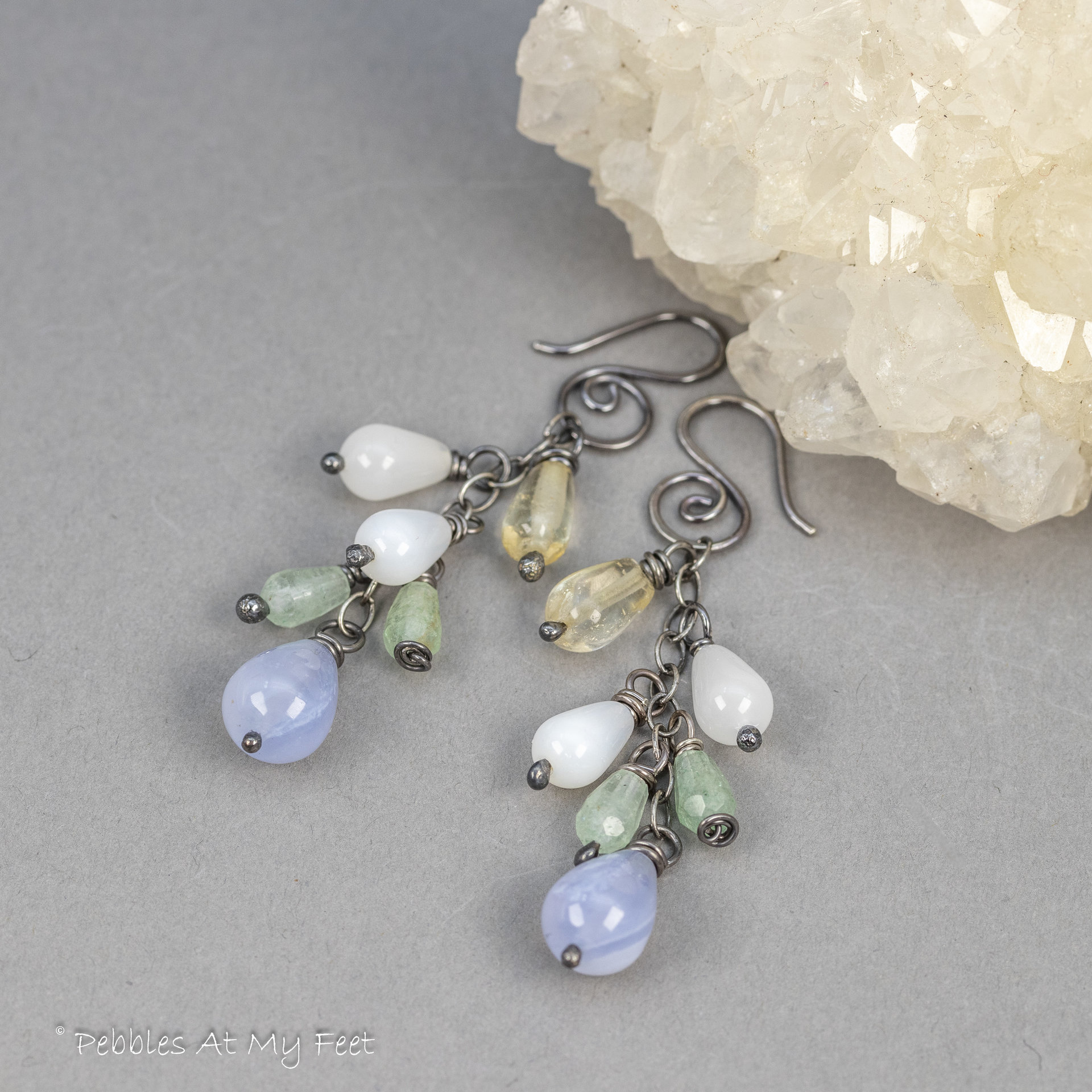 Gemstone Teardrop Cascade Earrings in Oxidized Sterling Silver