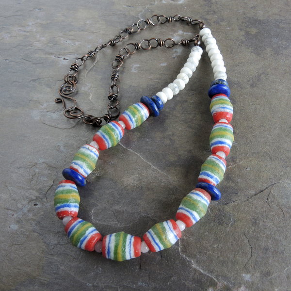 African Glass Beaded Necklace with Handcrafted Copper Chain