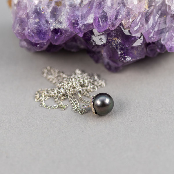 Minimalist Black Pearl Necklace, Barely There Pearl Necklace in Sterling Silver