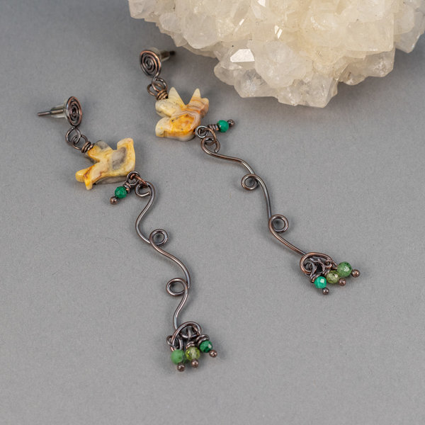 Agate Bird Dangle Earrings in Organic, Rustic Art Nouveau Style