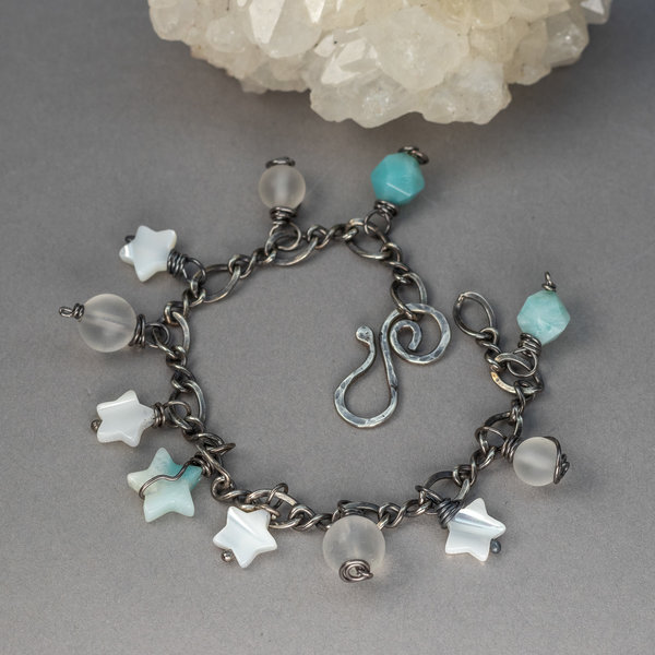 Gemstone Charm Bracelet in Oxidized Sterling Silver, Amazonite and Mother of Pearl Stars