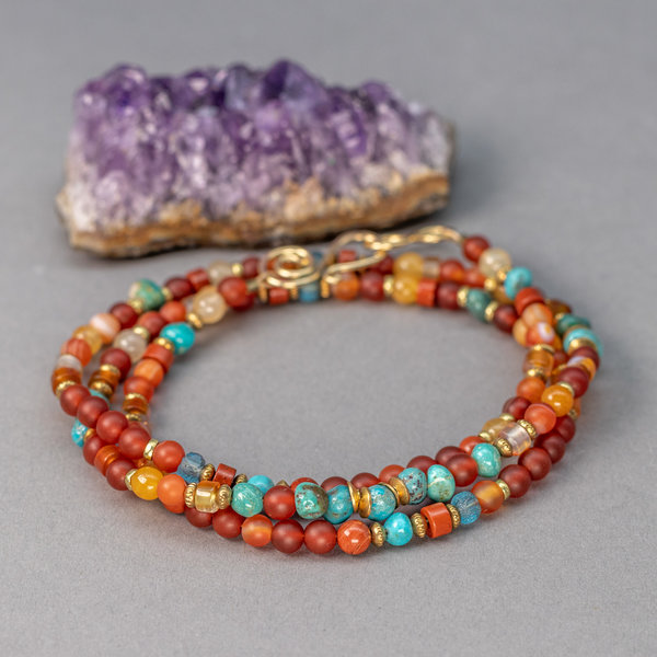 Orange Stone Wrap Bracelet, Carnelian  and Turquoise Natural Stones