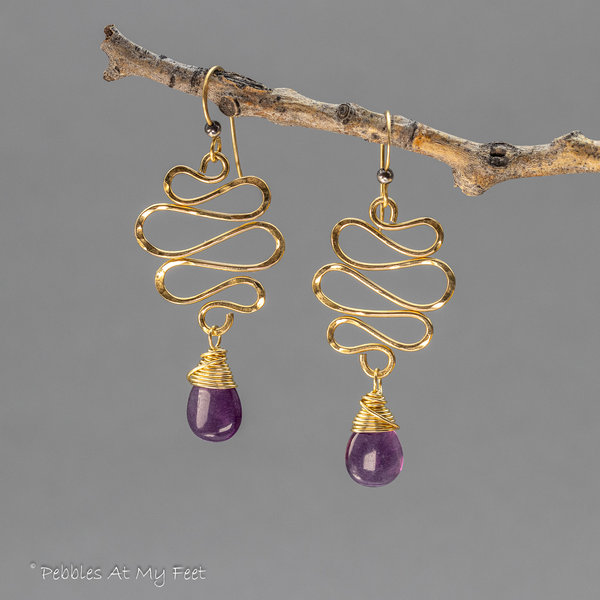 Golden Brass Wire Squiggle Earrings, Organic Dangle Earrings with Purple Fluorite Gemstone