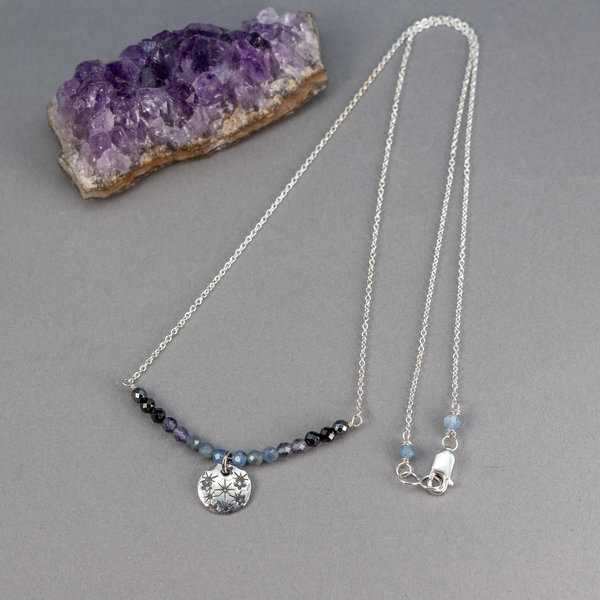Black and Blue Gemstone Bar Necklace with Sterling Silver Charm, Night Sky Delicate Charm Necklace