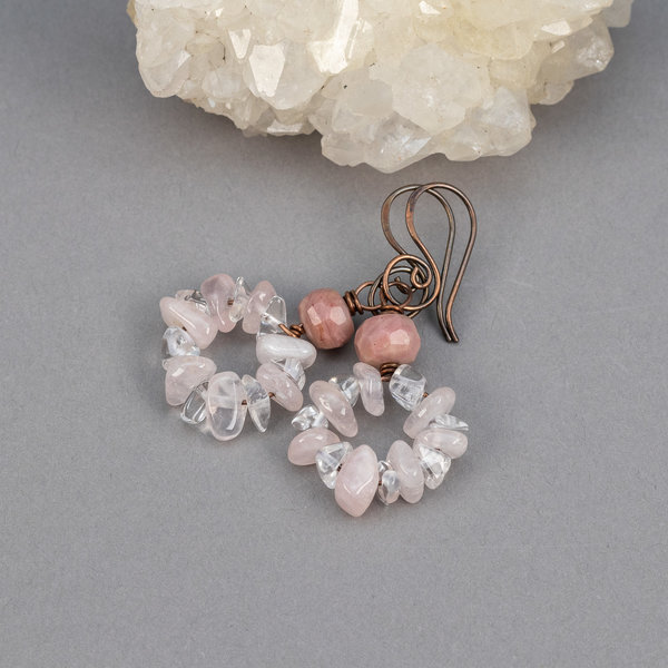Pink Stone Circle Earrings, Rose Quartz Rhodonite and Rock Crystal Earrings in Copper