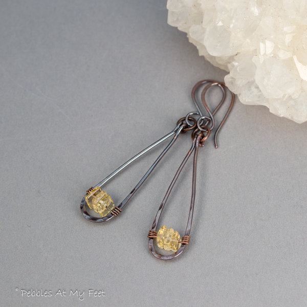 Copper Teardrop Earrings with Citrine Natural Stones