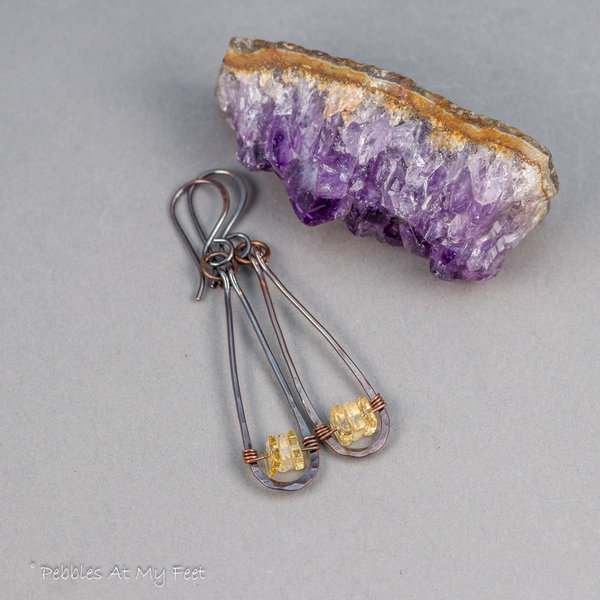 Copper Teardrop Earrings with Citrine Natural Stones