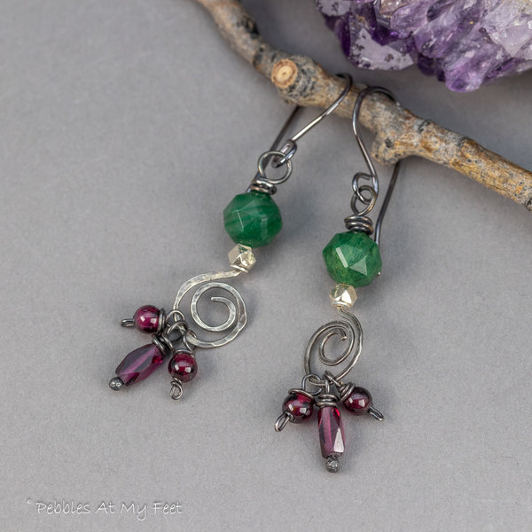 Red and Green Natural Gemstone Earrings, Rustic Silver Earrings with Verdite and Garnets