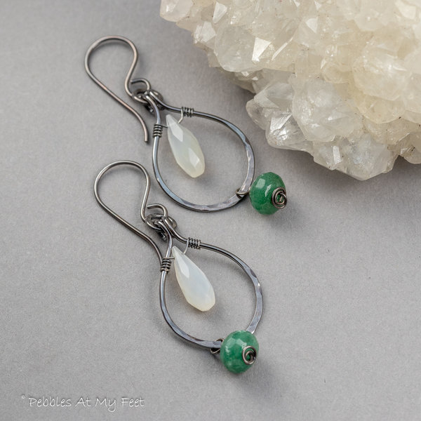 Sterling Silver Teardrop Hoop Earrings with Green and White Gemstones