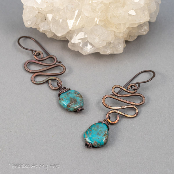 Copper Squiggle Wire Work Dangle Earrings with Genuine Turquoise Stone