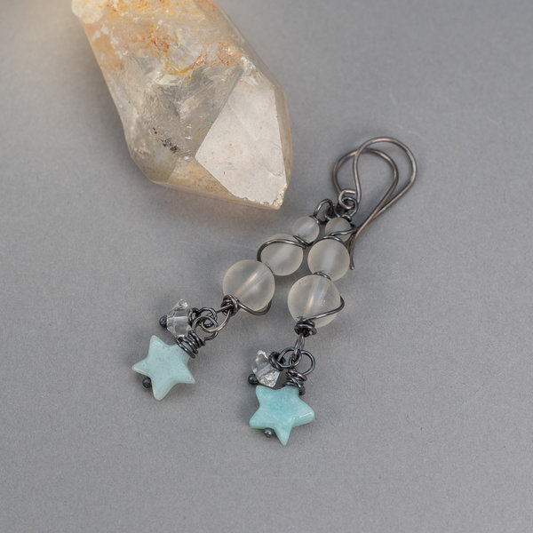 Wire Wrapped Rock Crystal Dangle Earrings with Aqua Stone Star Charms