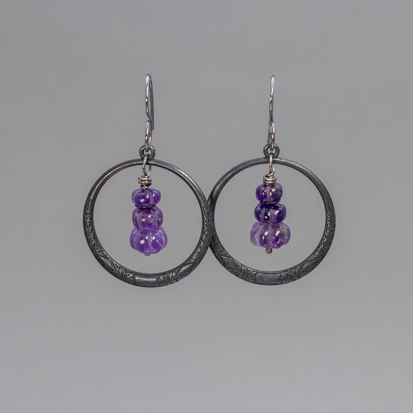 Black Brass Circle Earrings with Carved Amethyst Gemstones