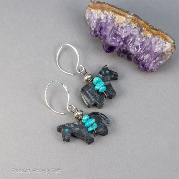 Black Horse Carved Stone Earrings with Genuine turquoise