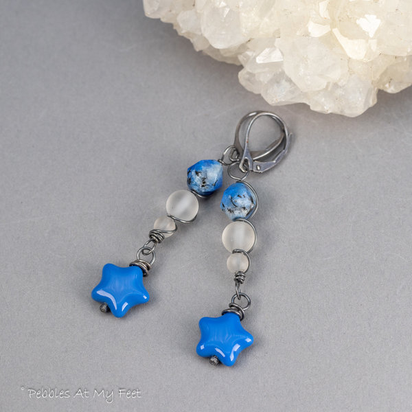Blue Star Earrings with Glass Stars, K2 Stone, and Rock Crystal Quartz