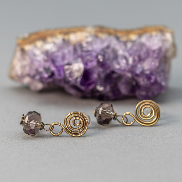 Brass Spiral Post Earrings with Smoky Quartz Drop