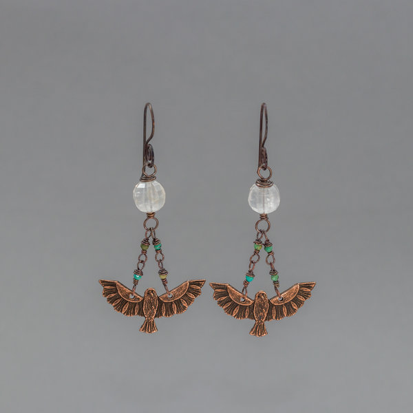 Flying Bird Dangle Earrings with Turquoise and Golden Quartz