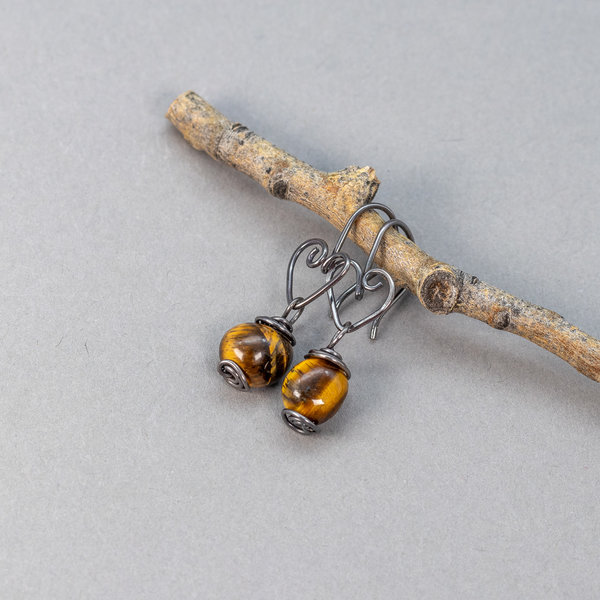 Dainty Golden Brown Tiger's Eye Earrings in Oxidized Sterling Silver