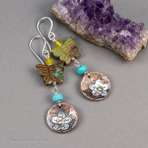 Turquoise Butterfly Earrings with Handcrafted Mixed Metal Charms