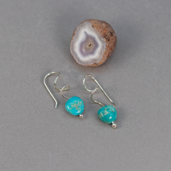 Curlicue Silver Earrings with Campitos Turquoise, Genuine Turquoise Whimsical Drop Earrings