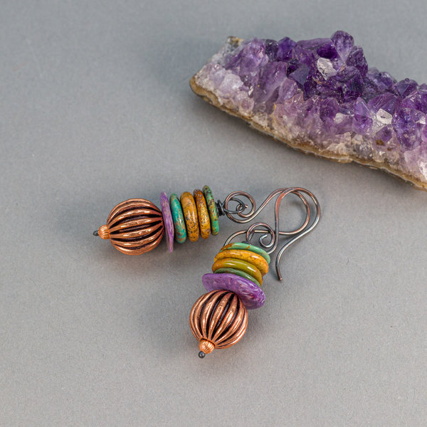 Chunky Copper and Natural Stone Beaded Earrings, Turquoise and Charoite Earrings