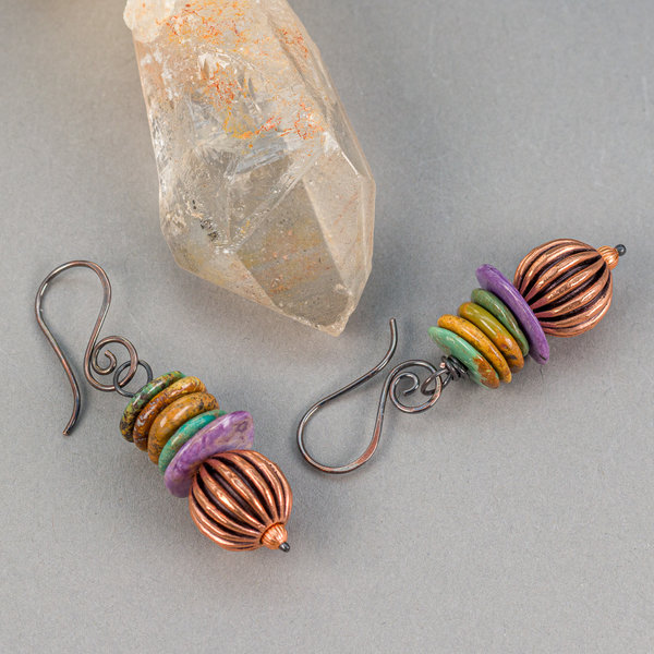 Chunky Copper and Natural Stone Beaded Earrings, Turquoise and Charoite Earrings