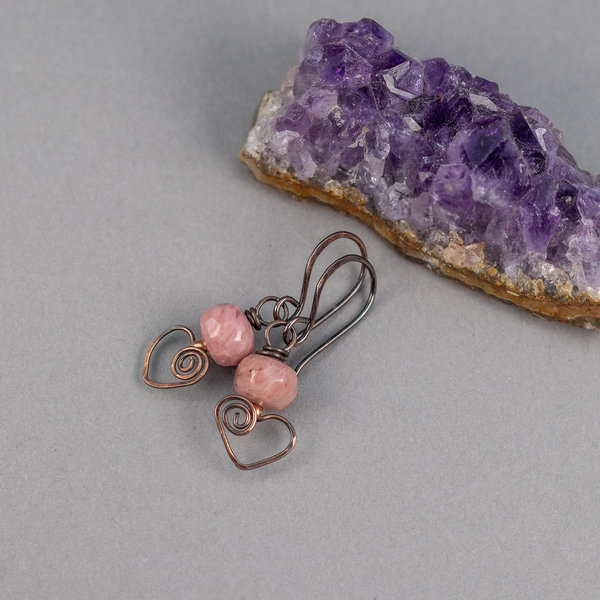 Pink Stone Copper Heart Small Dangle Earrings