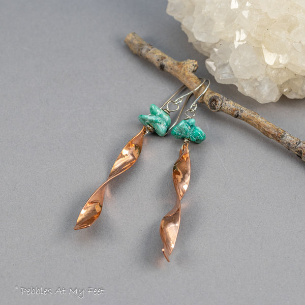 Copper "Windchime" Earrings with Turquoise Chips, Mixed Metal Sculptural Earrings