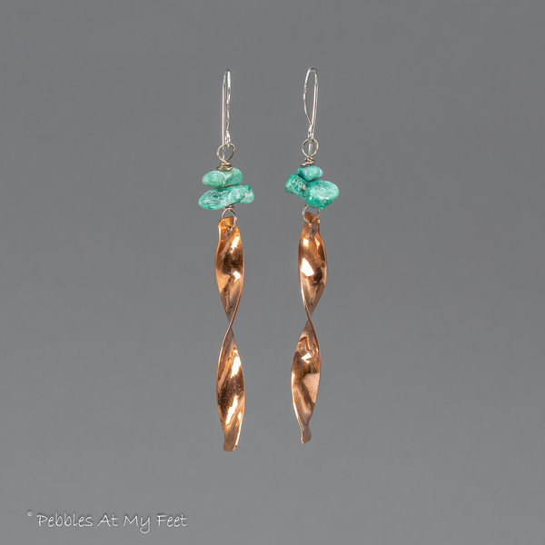 Copper "Windchime" Earrings with Turquoise Chips, Mixed Metal Sculptural Earrings