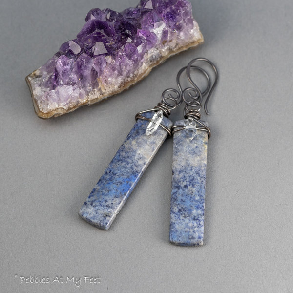 Dumortierite Slab Earrings, Blue Stone Earrings with Sparkling Herkimer Quartz Crystals