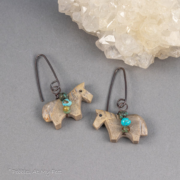 Carved Stone Horse Earrings, Brown Pony Earrings Accented with Turquoise