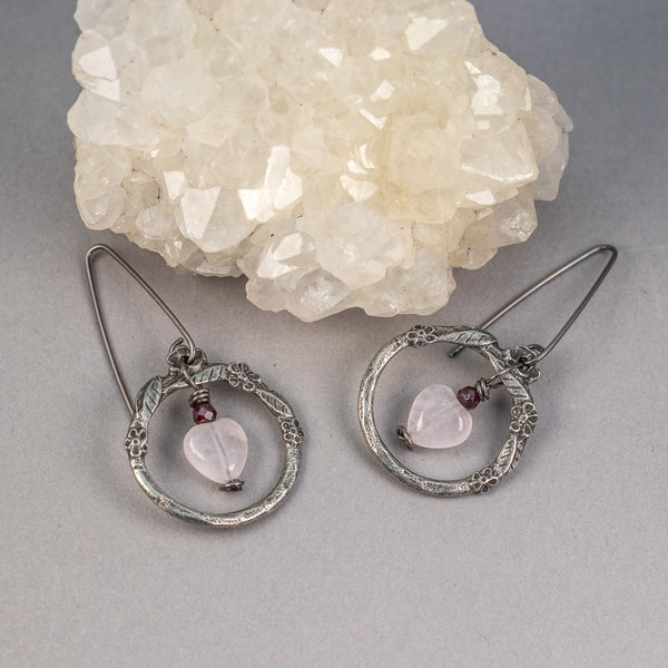 Vintage Style Earrings in Hearts and Flowers Theme, Rose Quartz and Garnet Earrings
