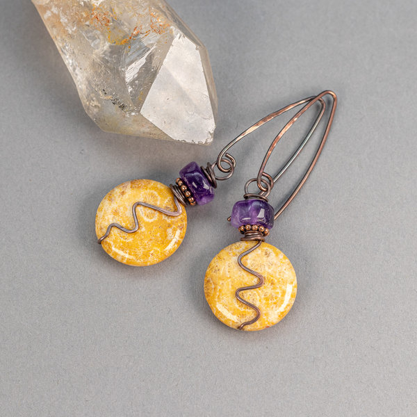 Rustic Copper Wire Wrap Earrings with Orange and Purple Stones